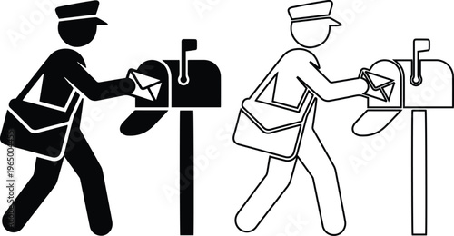 postman delivering a letter into a mailbox, presented in both a solid black silhouette and an outline icon style for mail courier services.