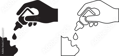 Minimalist black vector silhouette and line art icons of a hand giving oral medicine drops into a child's mouth, representing polio vaccination, vitamins, and liquid healthcare treatments.