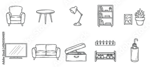 Hand drawn collection of interior furniture and diverse household items, including seating, tables, storage, lighting, and decorative accessories, ideal for home decor graphics and retail