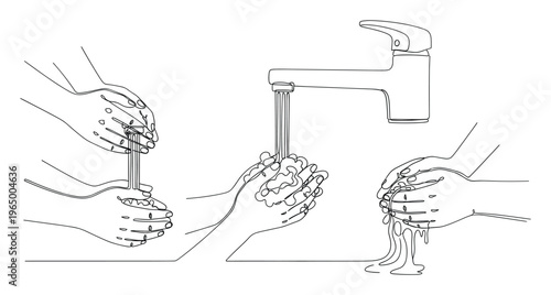 Continuous line drawing depicting essential steps for hand washing and lathering, perfect for health campaign materials or educational presentations on disease prevention.