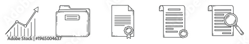 Outline business data analytics graph, organized document folder, certified legal contract agreement papers, and document search icon set for financial services and office management