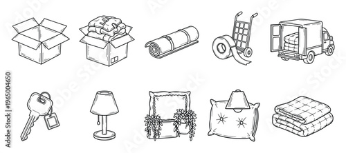 Hand drawn collection of moving and household items like cardboard boxes, packing tape, a delivery truck, keys, lamps, and blankets, perfect for relocation service promotions and home