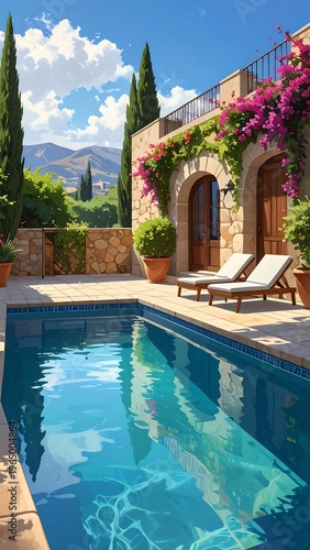 A serene poolside scene with a house and mountains