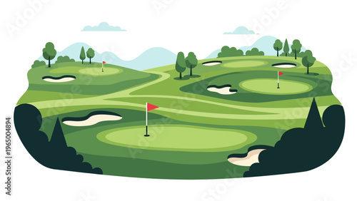 Vector Illustration of a Green Golf Course with Flags and Bunkers