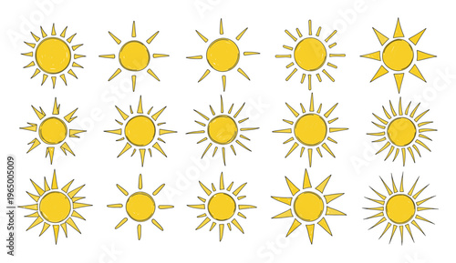 Collection of hand drawn sun symbols with various ray styles representing summer season and warmth ideal for weather forecasts children books and outdoor event promotions