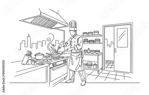 Continuous line drawing of chef cooking gourmet meal, chef preparing food. The cook prepares food in the kitchen.
