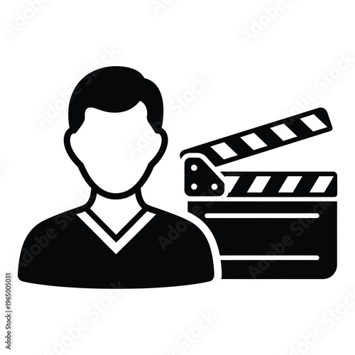 Black silhouette of a man with a clapperboard for film or video production icon