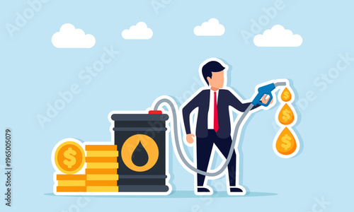 Businessman spraying oil with dollar symbol from nozzle connected to oil barrel near stack of dollar coins illustration of profit from oil business
