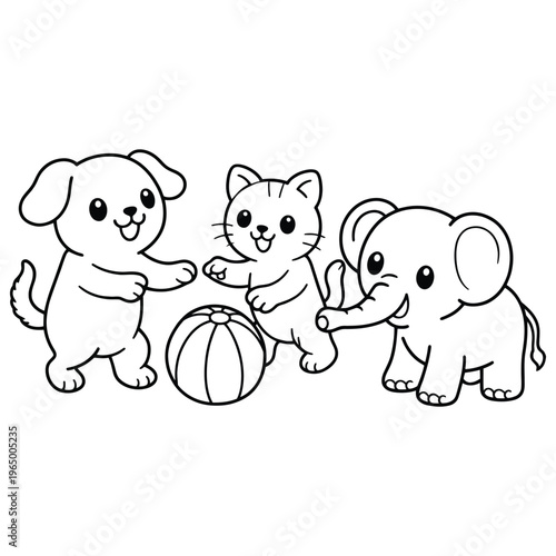 Cute Dog Cat and Elephant Playing Ball Coloring Page for Kids