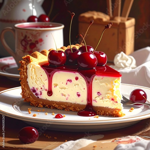 A slice of cheesecake with cherries and sauce on a plate