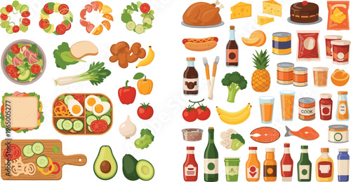 Flat vector illustration set of grocery items and pantry staples including canned goods, condiments, bottled drinks, snacks, and fresh produce.