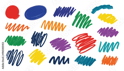 Colorful abstract brush strokes and handdrawn shapes create a vibrant collection for creative graphic projects, presentations, and educational materials
