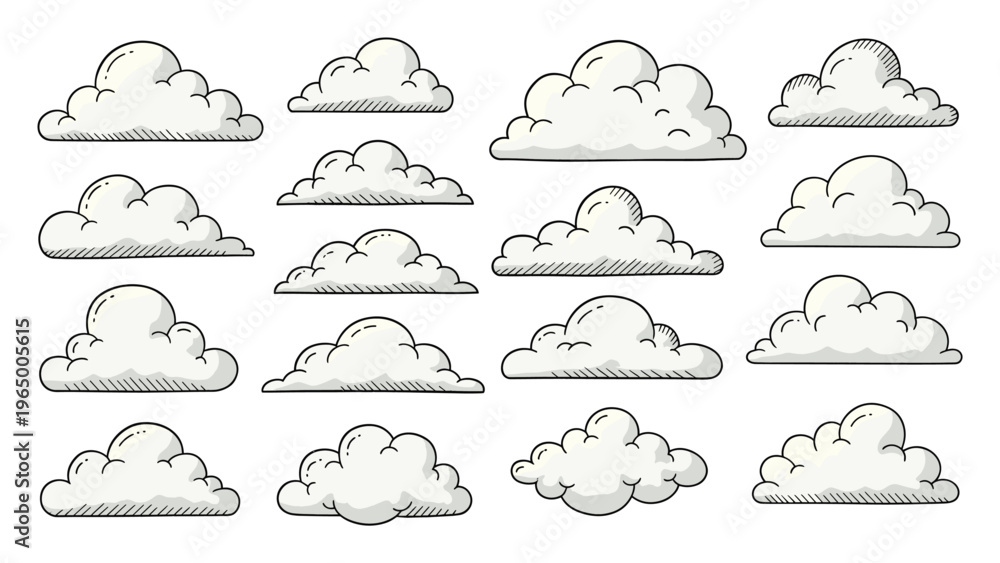 Fototapeta premium Collection of stylized fluffy clouds with bold outlines and subtle shading perfect for graphic projects, web graphics, childrens books, or casual game interface elements