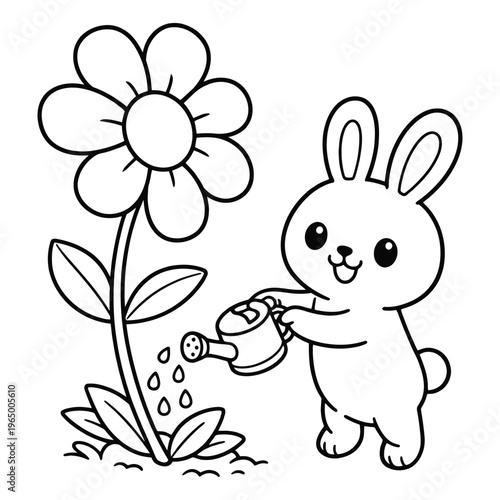 Bunny Watering Flower Coloring Page for Kids
