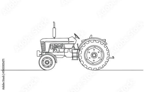 Animated self drawing of continuous line draw a large four-wheel drive agricultural tractor with massive tires and high-clearance cabin.