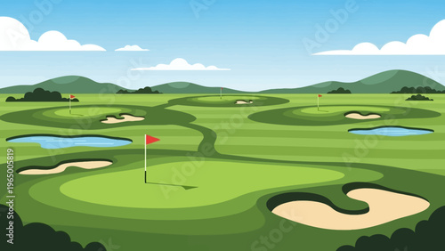 Vector Illustration of a Green Golf Course with Flags and Sand Traps