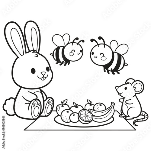 Animals Picnic Scene Coloring Page for Kids Printable