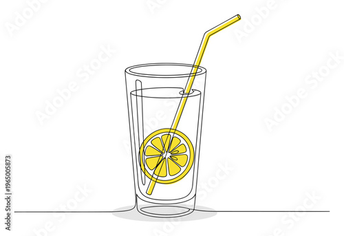 Minimalist continuous line drawing of a refreshing lemonade in a tall glass with a vibrant yellow lemon slice and drinking straw, perfect for healthy drink promotions or summery beverage