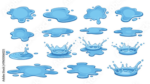 A collection of dynamic blue water puddles and liquid splashes captured in various shapes and forms, perfect for graphic resources, visual effects, and refreshing liquidthemed compositions