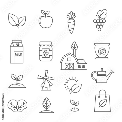 Farm and food icons set with line art