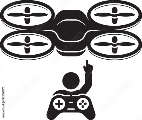Drone And Remote Control Operator With Pointing Finger Icon Illustration