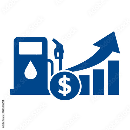 Blue icon representing rising fuel prices with a gas pump, dollar sign, and upward trending bar chart.