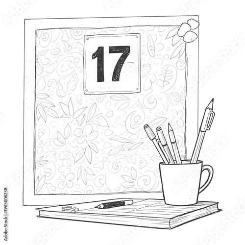 Art studio desk sketchbook and supplies