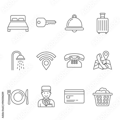 Hotel service icons set line art with flat design