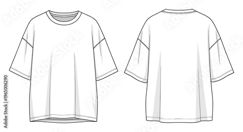 Oversized white short sleeve tshirt technical sketch for fashion designers and apparel manufacturing, showing front and back views for product development and casual sportswear branding.