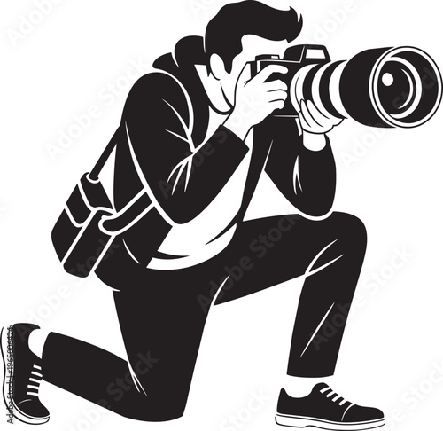 Silhouette Of A Photographer Crouching To Take A Picture With A Large Camera