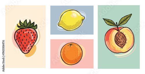Freshly drawn colorful fruits including a ripe strawberry, a zesty lemon, a sweet orange, and a juicy peach, ideal for foodrelated publications and healthy lifestyle content