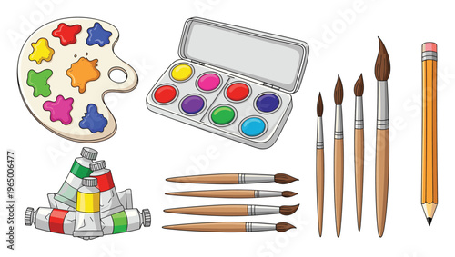 A vibrant collection of painting and drawing supplies featuring colorful paint tubes, a wooden palette, a watercolor set, various paintbrushes, and a pencil, ideal for school projects and