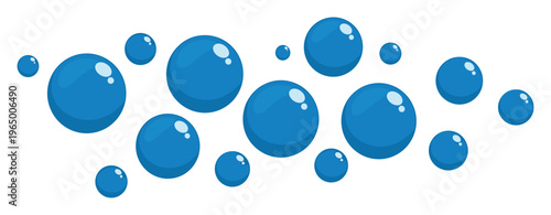 Floating blue liquid spheres with shiny highlights represent freshness and purity, suitable for vibrant backgrounds or themes related to water, cleaning, and abstract concepts