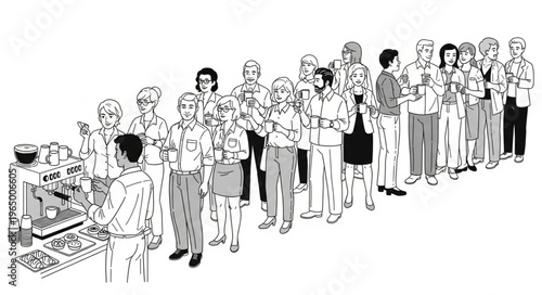 A long line of people waiting for service at a counter.