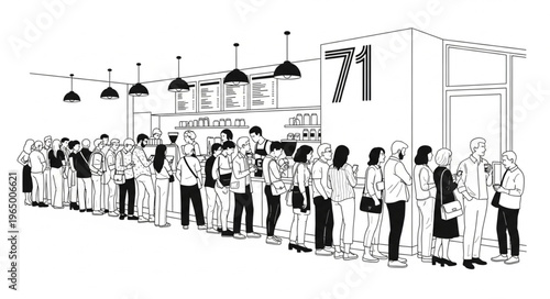 A long line of people waiting in a queue outside a building.