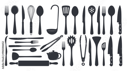 A comprehensive collection of essential kitchen utensils and dining cutlery perfect for culinary themed projects food related content and household kitchen applications