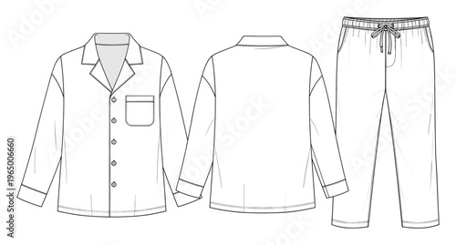 Technical fashion flat drawing of a comfortable mens or womens pajama set featuring a long sleeve top with a collar and matching pants, ideal for apparel design and production documentation