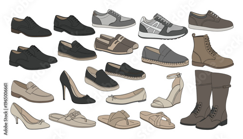 A comprehensive footwear collection showcasing diverse mens and womens shoes and boots suitable for various seasons and occasions perfect for apparel publications and online retail.