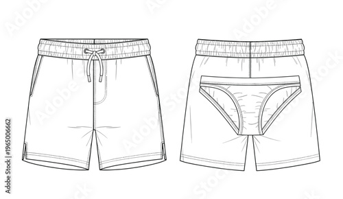 Technical flat drawing of mens swim shorts with elastic waistband and inner brief, front and back views for sportswear product development and fashion design documentation