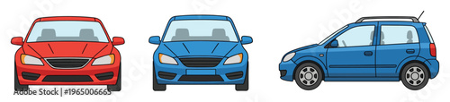Collection of diverse passenger vehicles including a vibrant red sedan, a sleek blue car, and a practical blue hatchback, perfect for automotive concepts and transportationrelated projects