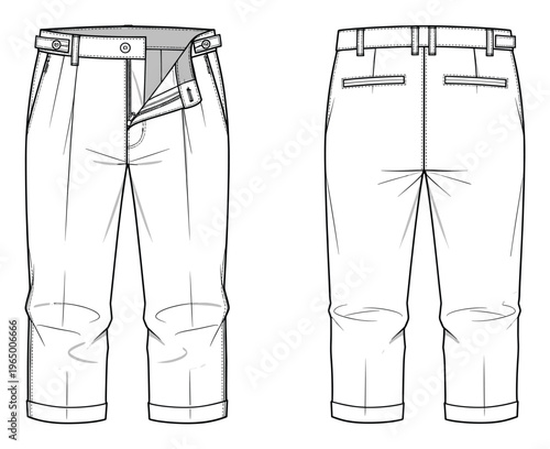 Professional technical drawing of mens smart casual pleated cropped pants with cuffed hems and side adjusters, perfect for apparel design development and manufacturing specifications for