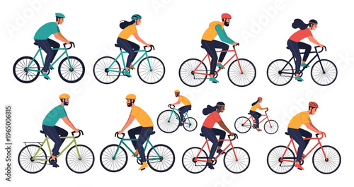 A diverse group of men and women actively enjoying outdoor cycling on various bicycles, perfect for promoting a healthy lifestyle, urban commuting, and ecofriendly transportation.