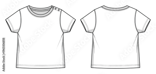 Professional apparel flat sketch of a short sleeve crew neck tshirt with shoulder snap buttons for infants and children, showing front and back views for fashion design development and