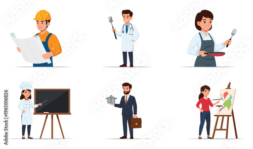Group of diverse people portraying various professions and hobbies like construction, cooking, medicine, teaching, and painting, suitable for illustrating career choices and lifestyle