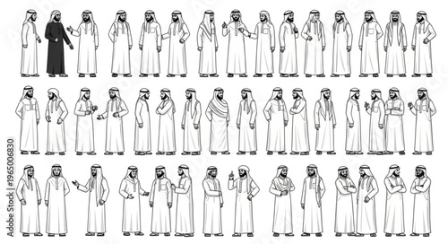 Group of Arab men in traditional attire, standing together.