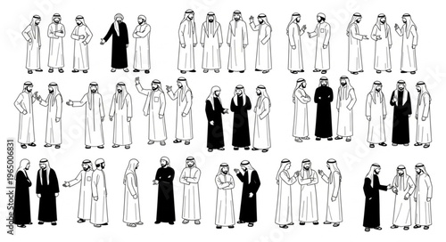 Group of Arab men in traditional attire, standing together.