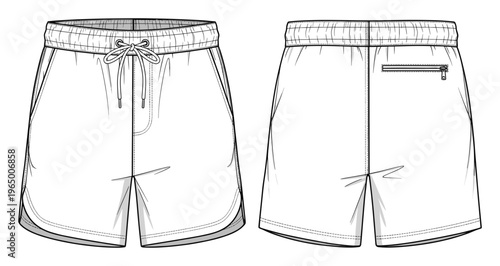 Detailed technical flat sketch of mens athletic shorts featuring an elastic waistband with drawstring and back zip pocket for fashion design and product development.