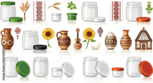 Glass Jar Packaging Mockup Set with Traditional Folk Elements Sunflower Pottery and Ethnic Decorative Objects Vector Illustration Collection