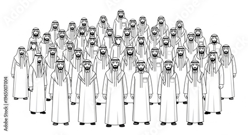 Group of Arab men in traditional attire standing together.