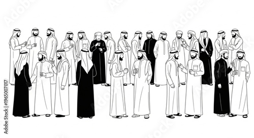 Group of Arab men in traditional attire, standing together.